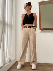 SHEIN EZwear Quần nữ Nút Túi Dây kéo màu trơn Giải trí - Màu Khaki - Xem 4