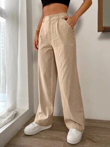 SHEIN EZwear Quần nữ Nút Túi Dây kéo màu trơn Giải trí - Màu Khaki - Xem 5