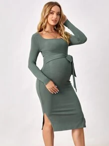 SHEIN BASICS Maternity Split Hem Knot Front Square Neck Dress