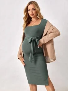SHEIN BASICS Maternity Split Hem Knot Front Square Neck Dress
