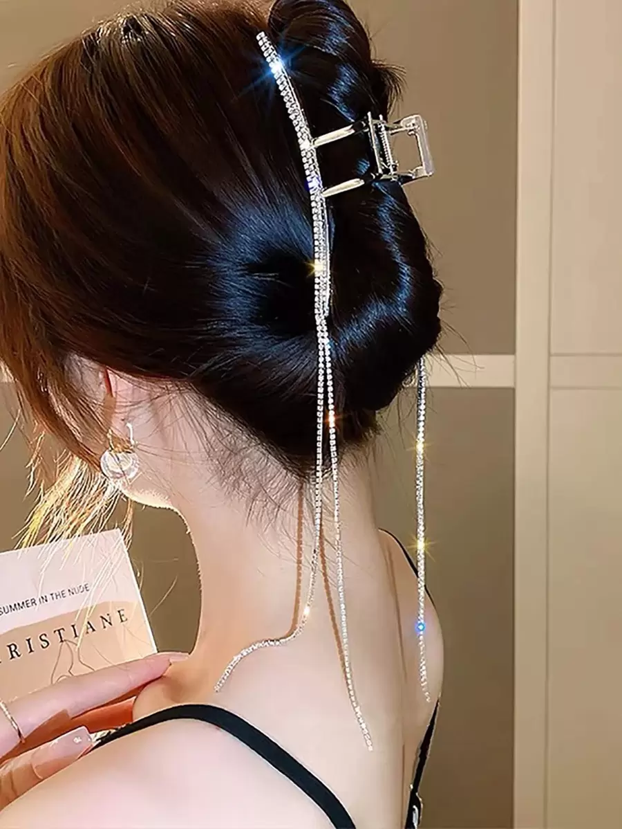 Rhinestone Fringe Decor Hair Claw Casual - Silver - View 1