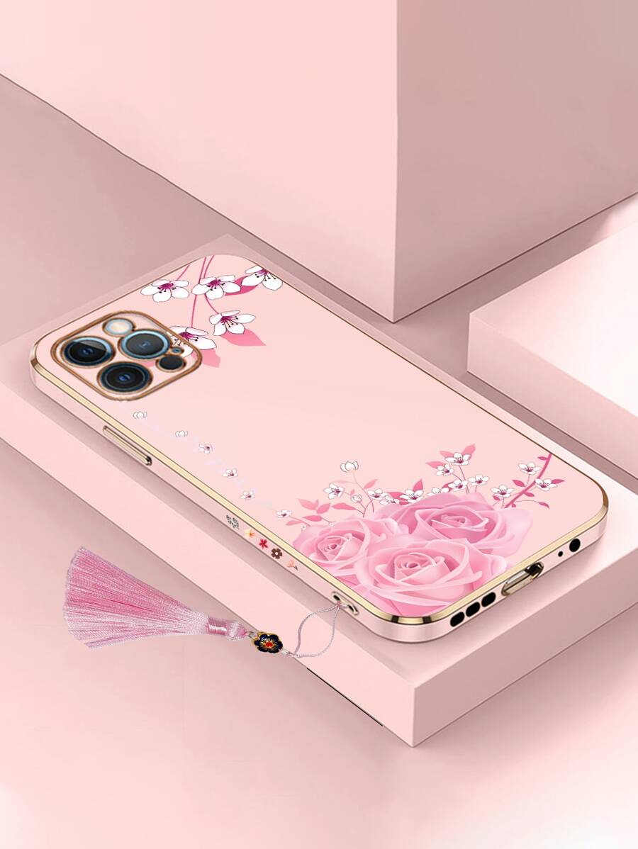 Ốp Điện Thoại Hình Hoa Có Mặt Dây Tua Rua Tương Thích Với iPhone15/15Plus/15Pro/15Promax - Màu Hồng baby - Xem 1