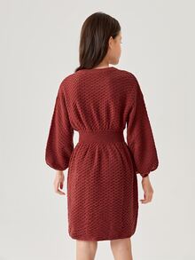 女孩腰部打褶燈籠袖毛衣洋裝