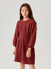 女孩腰部打褶燈籠袖毛衣洋裝