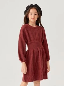 女孩腰部打褶燈籠袖毛衣洋裝