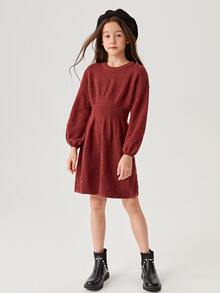 女孩腰部打褶燈籠袖毛衣洋裝