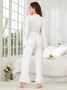 SHEIN Unity Letter Graphic Fuzzy Trim Tie Front PJ Set - White - View 2
