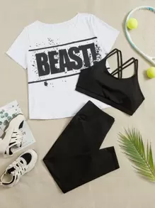 Yoga High Street Plus 3pcs Letter Graphic Crisscross Back Sports Set - Black and White - View 1