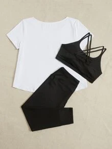 Yoga High Street Plus 3pcs Letter Graphic Crisscross Back Sports Set - Black and White - View 2