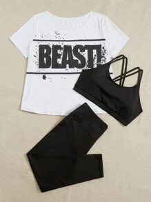 Yoga High Street Plus 3pcs Letter Graphic Crisscross Back Sports Set - Black and White - View 4
