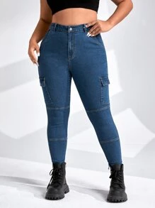 Plus High Waist Flap Pocket Cargo Jeans - Dark Wash - View 3