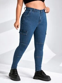Plus High Waist Flap Pocket Cargo Jeans - Dark Wash - View 4