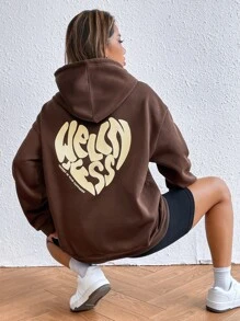 SHEIN Unity Hoodie Đồ họa trái tim & khẩu hiệu Túi kangaroo Dây rút - màu nâu - Xem 1
