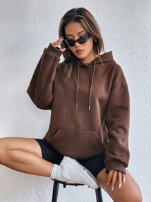 SHEIN Unity Hoodie Đồ họa trái tim & khẩu hiệu Túi kangaroo Dây rút - màu nâu - Xem 2