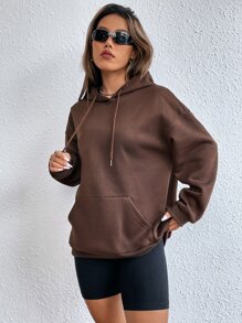 SHEIN Unity Hoodie Đồ họa trái tim & khẩu hiệu Túi kangaroo Dây rút - màu nâu - Xem 3
