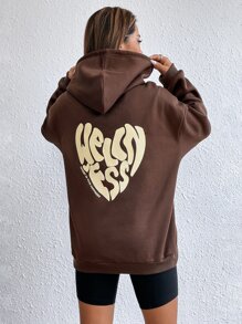 SHEIN Unity Hoodie Đồ họa trái tim & khẩu hiệu Túi kangaroo Dây rút - màu nâu - Xem 4