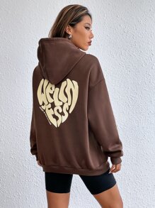SHEIN Unity Hoodie Đồ họa trái tim & khẩu hiệu Túi kangaroo Dây rút - màu nâu - Xem 5