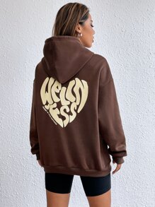 SHEIN Unity Hoodie Đồ họa trái tim & khẩu hiệu Túi kangaroo Dây rút - màu nâu - Xem 6