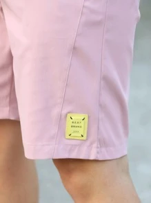 Manfinity Homme 宽松男士字母补丁抽绳短裤外出纯色休闲及膝短裤抽绳浅粉色短裤，适合老公、男朋友的礼物 - 淺粉色 - 查看 3