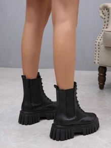 Minimalist Lace Up Front Combat Boots, Ladies' Fashionable Black Boots - Black - View 2