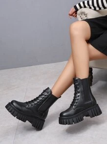 Minimalist Lace Up Front Combat Boots, Ladies' Fashionable Black Boots - Black - View 3