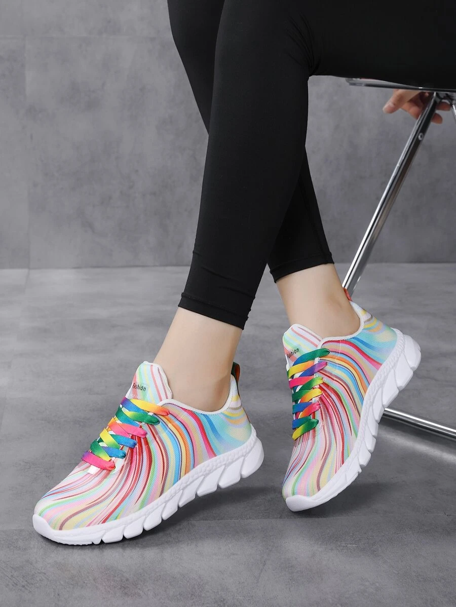 Women's Multicolor Road Running Shoes With Colorful Stripes & Letter Patterned Lace-up Front - Multicolor - View 1