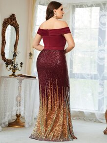 SHEIN Belle 勃艮第红色露肩撞色亮片鱼尾下摆连衣裙 - 酒紅色 - 查看 2