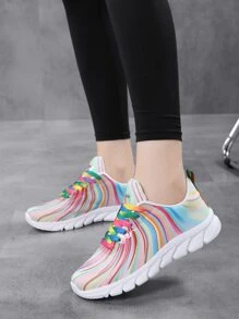 Women's Multicolor Road Running Shoes With Colorful Stripes & Letter Patterned Lace-up Front - Multicolor - View 2