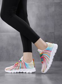 Women's Multicolor Road Running Shoes With Colorful Stripes & Letter Patterned Lace-up Front - Multicolor - View 4