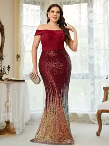 SHEIN Belle 勃艮第红色露肩撞色亮片鱼尾下摆连衣裙 - 酒紅色 - 查看 1