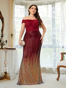 SHEIN Belle 勃艮第红色露肩撞色亮片鱼尾下摆连衣裙 - 酒紅色 - 查看 5