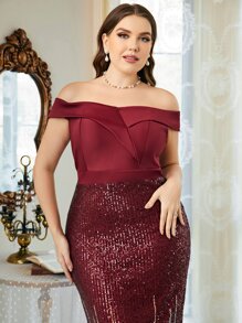 SHEIN Belle 勃艮第红色露肩撞色亮片鱼尾下摆连衣裙 - 酒紅色 - 查看 6