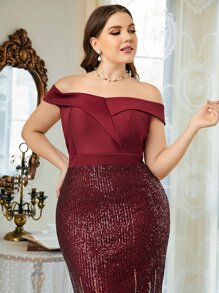 SHEIN Belle 勃艮第红色露肩撞色亮片鱼尾下摆连衣裙 - 酒紅色 - 查看 7