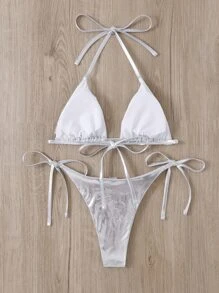 SHEIN Swim Bikini metálico con lados atados en forma de triángulo - Plateado - Ver 2