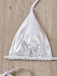 SHEIN Swim Bikini metálico con lados atados en forma de triángulo - Plateado - Ver 3