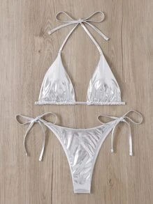 SHEIN Swim Bikini metálico con lados atados en forma de triángulo - Plateado - Ver 5