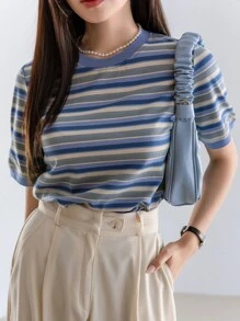 DAZY Colorful Striped Mock Neck Tee - Multicolor - View 1