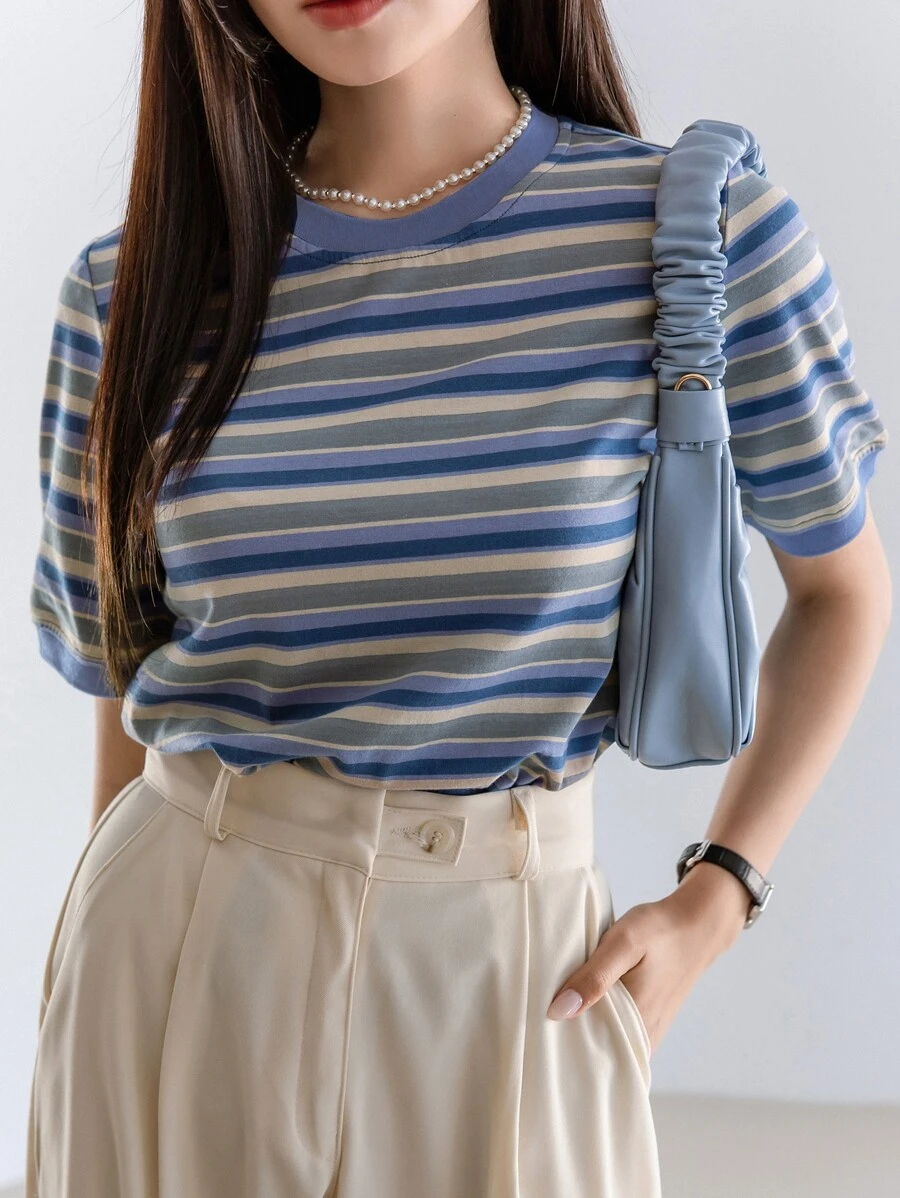 DAZY Colorful Striped Mock Neck Tee - Multicolor - View 1