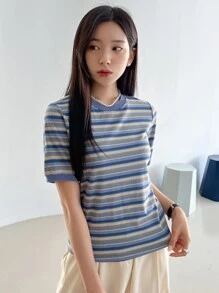 DAZY Colorful Striped Mock Neck Tee - Multicolor - View 7