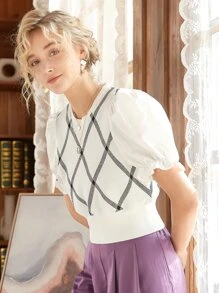 Knit Mix Argyle Pattern Puff Sleeve Knit Top - White - View 1