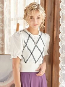 Knit Mix Argyle Pattern Puff Sleeve Knit Top - White - View 4