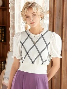 Knit Mix Argyle Pattern Puff Sleeve Knit Top - White - View 5