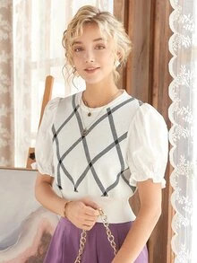 Knit Mix Argyle Pattern Puff Sleeve Knit Top - White - View 6