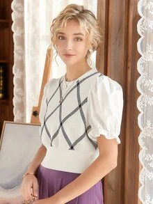 Knit Mix Argyle Pattern Puff Sleeve Knit Top - White - View 7