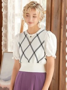 Knit Mix Argyle Pattern Puff Sleeve Knit Top - White - View 8