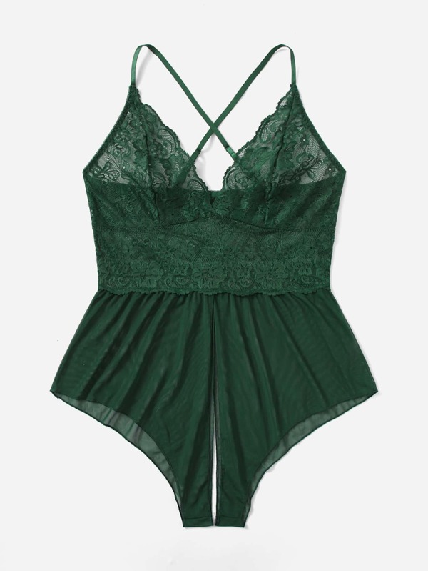 SHEIN 大碼拼接蕾絲網紗短褲連體衣