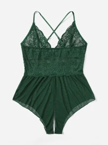Plus Contrast Lace Mesh Romper Bodysuit