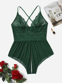 Plus Contrast Lace Mesh Romper Bodysuit