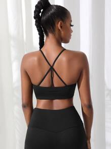 Yoga Basic 素色後鏤空運動型胸罩 - 黑色 - 查看 2