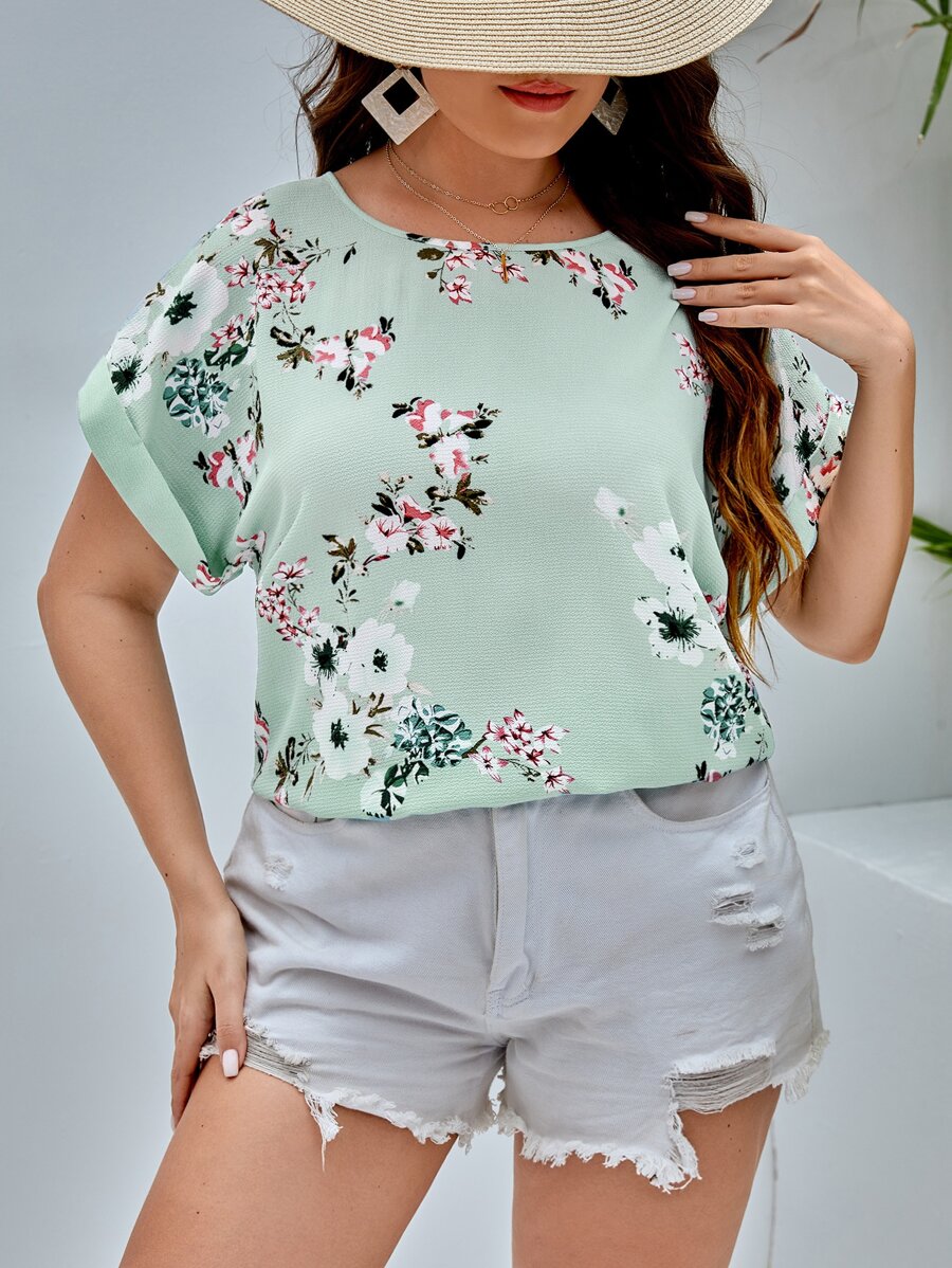 SHEIN LUNE 大碼印花蝙蝠袖襯衫 - 薄荷藍 - 查看 1